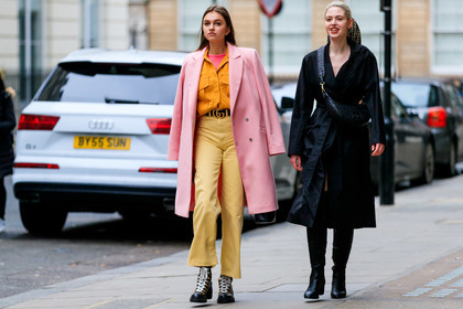 black bag, black belt, black coat, black shoes, fanny pack, fendi, gucci, high boots, high heels, leather bag, leather belt, leather shoes, orange shirt, over the shoulder, pink coat, tone on tone, total look black, trench coat, trousers, yellow pants, street style, jonathan paciullo, FW, frenchystyle, fashion week, LFW, LONDON, AUTUMN WINTER 2019-2020, AW 19-20, FW 19-20, FALL WINTER 2019-2020, horizontal, atmosphere details, full length