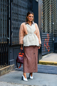 brown skirt, high heels, leather bag, leather shoes, purple bag, shearling, white fur, white jacket, white shoes, frenchystyle, jonathan paciullo, street style, NYFW, NEW YORK, AUTUMN WINTER 2019-2020, AW 19-20, FALL WINTER 2019-2020, FW 19-20, fashion week, FW, vertical, full length