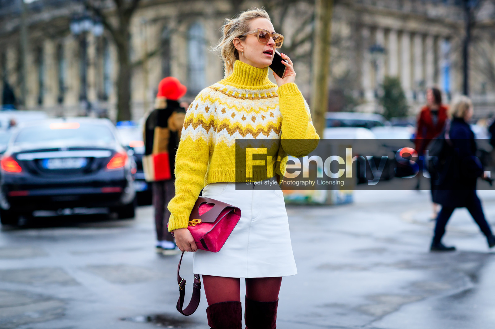 atmosphere details, AUTUMN WINTER 2017-2018, AW 17-18, detail, FALL WINTER 2017-2018, fashion week, frenchystyle, FW, FW 17-18, high boots, horizontal, jonathan paciullo, leather bag, PARIS, PFW, red bag, red boots, street style, sunglasses, turtleneck sweater, white skirt, yellow sweater
