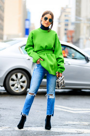 AUTUMN WINTER 2017-2018, AW 17-18, black boots, blue denim, camila coelho, denim pants, FALL WINTER 2017-2018, fashion week, frenchystyle, full length, FW, FW 17-18, green boots, green sweater, high heels, jeans, jonathan paciullo, leather bag, leather boots, louis vuitton, NEW YORK, NYFW, ripped pants, street style, sunglasses, trousers, turtleneck sweater, velvet, vertical