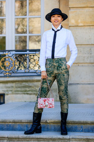 black hat, black shoes, black tie, christian dior, floral, flowers, graphic bag, graphic pants, green pants, leather bag, leather shoes, printed bag, printed pants, red bag, trousers, white bag, white shirt, yuwei zhangzou, fashion week, frenchystyle, FW, jonathan paciullo, street style, PFW, PARIS, AUTUMN WINTER 2019-2020, AW 19-20, FALL WINTER 2019-2020, FW 19-20, vertical, full length