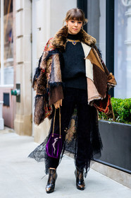 black pants, black shoes, black sweater, brown fur, brown jacket, fur jacket, graphic bag, graphic jacket, high heels, jenny cipoletti, lace, leather bag, leather shoes, necklace, patchwork, printed bag, printed jacket, purple bag, trousers, velvet, frenchystyle, jonathan paciullo, street style, NYFW, NEW YORK, AUTUMN WINTER 2019-2020, AW 19-20, FALL WINTER 2019-2020, FW 19-20, fashion week, FW, vertical, full length