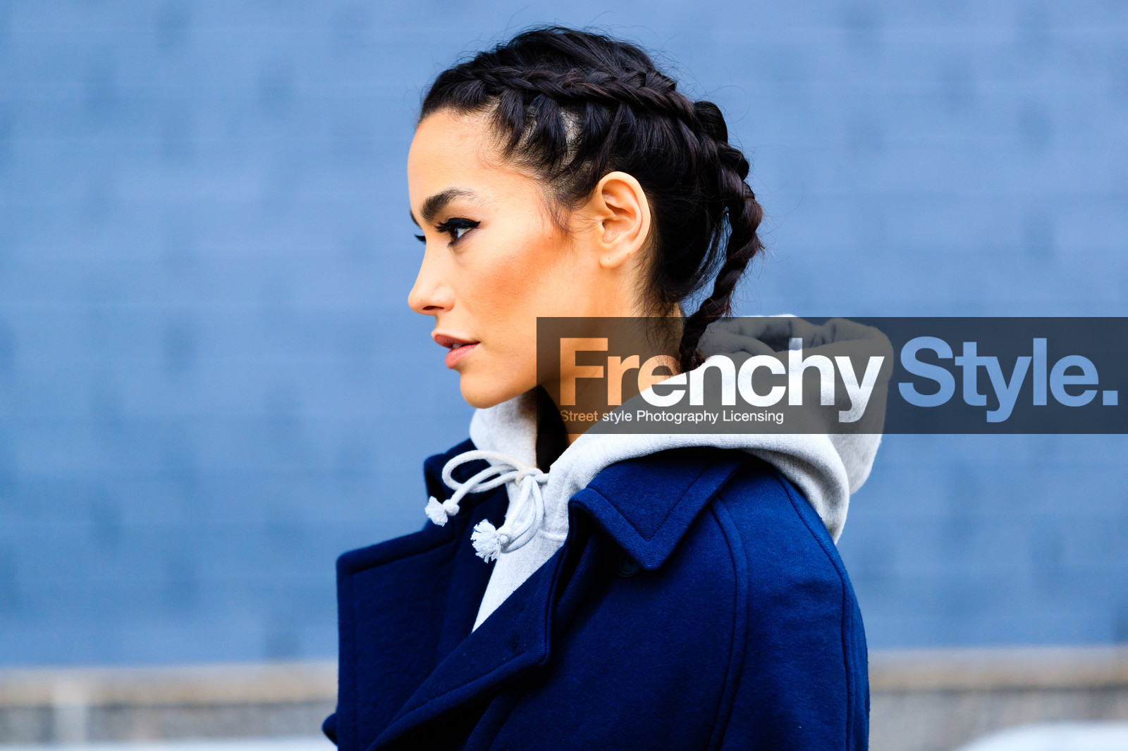 adrianne ho, atmosphere details, AUTUMN WINTER 2017-2018, AW 17-18, braids, detail, FALL WINTER 2017-2018, fashion week, frenchystyle, FW, FW 17-18, grey sweater, hoodie, horizontal, jonathan paciullo, navy coat, NEW YORK, NYFW, overcoat, portrait, street style