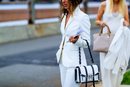 atmosphere details, black and white bag, blazer, detail, fashion week, frenchystyle, FW, horizontal, jonathan paciullo, leather bag, NEW YORK, NYFW, SPRING SUMMER 2017, SS 17, street style, trousers, white bag, white jacket, white pants, white suit, woman