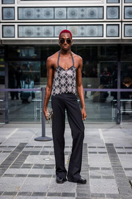bag, black pants, check, checked top, menswear, pants, printed top, Rickey Thompson, statement bag, strass, strassed top, sunglasses, fashion week, frenchystyle, FW, jonathan paciullo, street style, PFW, PARIS, SPRING SUMMER 2022, SS 22, vertical, full length