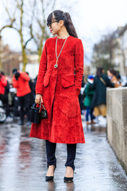 AUTUMN WINTER 2016-2017, AW 16-17, black bag, black pants, black shoes, embroidered coat, embroidered dress, FALL WINTER 2016-2017, fashion week, frenchystyle, full length, FW, FW 16-17, high heels, jonathan paciullo, leaf greener, leather bag, mini bag, necklace, PARIS, PFW, red coat, red dress, stir pants, street style, suede shoes, sunglasses, trousers, vertical