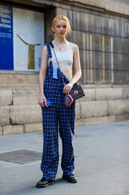 black bag, black shoes, blue overall, checked, crop top, graphic pants, leather bag, leather shoes, miu miu, necklace, plaid, printed overall, printed pants, trousers, white top, fashion week, frenchystyle, FW, jonathan paciullo, street style, PFW, PARIS, vertical, full length, model, AUTUMN WINTER 2018-2019, FALL WINTER 2018-2019, FW 18-19