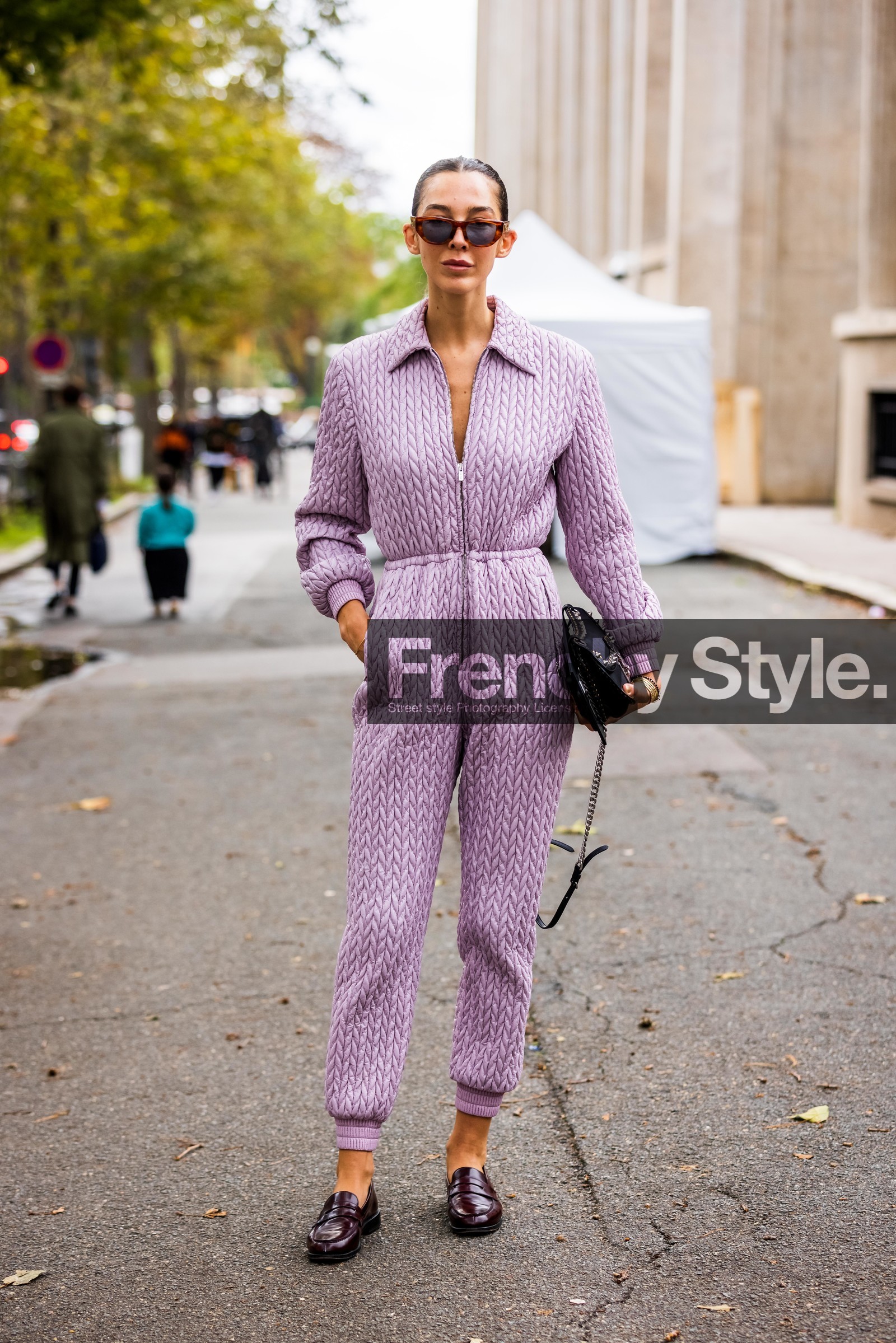 Estelle Chemouny, quilted suit, lilac suit, miu miu suit, fashion week, frenchystyle, FW, jonathan paciullo, street style, PFW, PARIS, SPRING SUMMER 2022, SS 22, vertical, full length