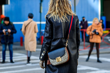black coat, graphic bag, gucci, leather bag, leather coat, monogram, printed bag, street style, jonathan paciullo, FW, frenchystyle, fashion week, NYFW, NEW YORK, AUTUMN WINTER 2018-2019, AW 18-19, FALL WINTER 2018-2019, FW 18-19, atmosphere details, horizontal, detail