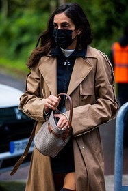 bag, brown bag, brown trenchcoat, check print, checked bag, courreges jacket, facial mask, printed bag, trench, zipped jacket, street style, jonathan paciullo, FW, frenchystyle, fashion week, PFW, PARIS, SPRING SUMMER 2022, SS 22, vertical, atmosphere details