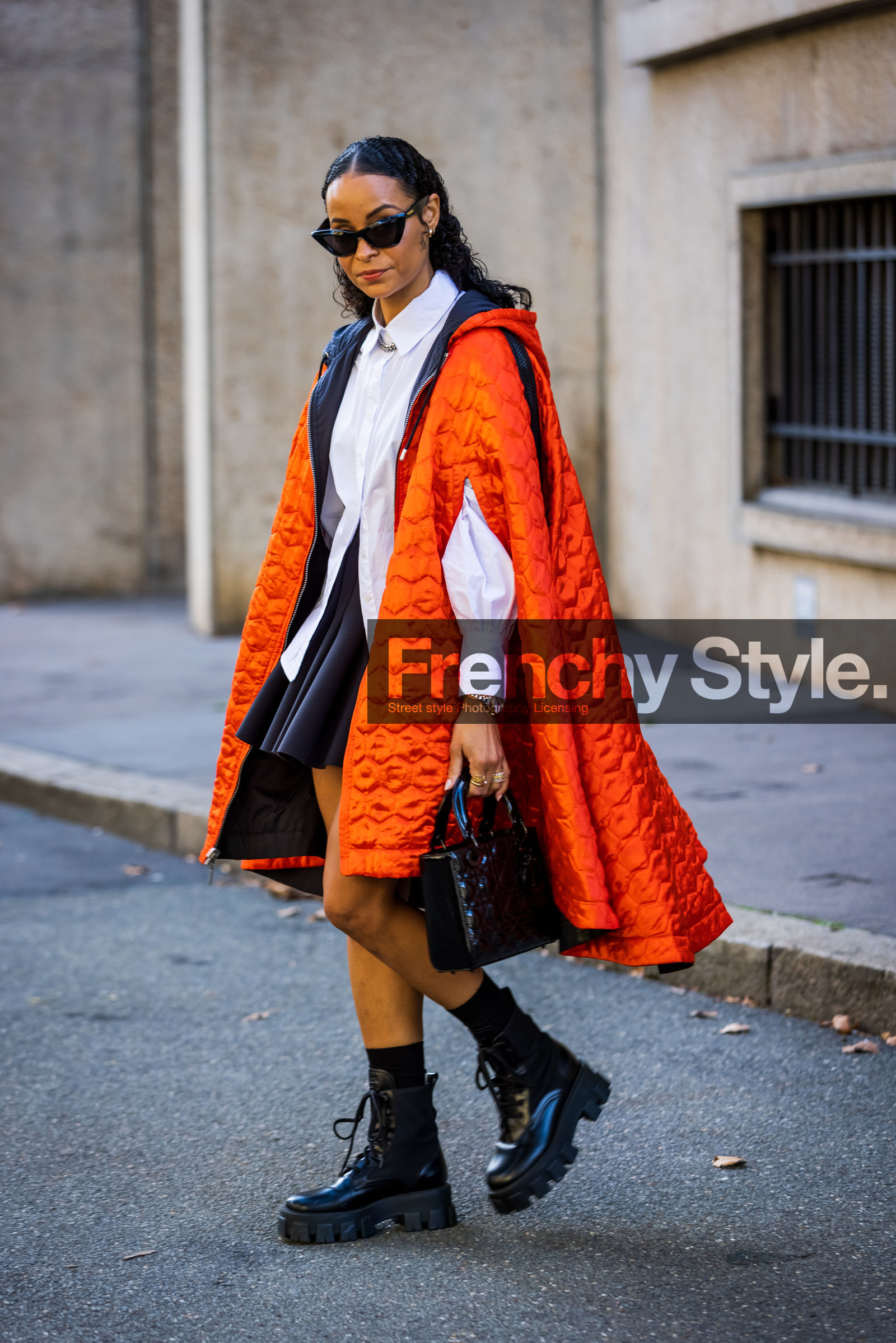 bag, black bag, black boots, black skirt, black sunglasses, boots, dior bag, leather boots, mini skirt, orange poncho, poncho, quilted bag, shirt, skirt, sunglasses, white shirt, street style, jonathan paciullo, FW, frenchystyle, fashion week, PFW, PARIS, SPRING SUMMER 2022, SS 22, vertical, full length