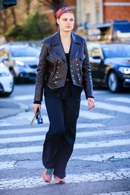 head bandana, red scarf, leather jacket, brown jacket, black pants, orange sneakers, black shirt, black top, casual look, head scarf, fashion week, frenchystyle, FW, jonathan paciullo, street style, vertical, full length