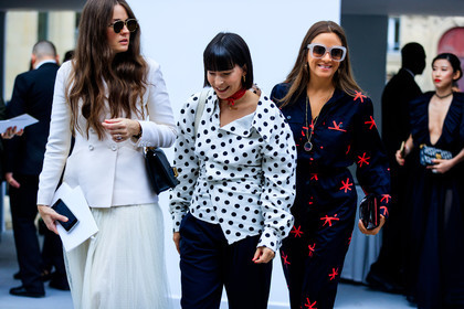 atmosphere details, black bag, blazer, blue jumpsuit, christian dior, clara cornet, detail, fashion week, frenchystyle, FW, graphic shirt, horizontal, jonathan paciullo, laure heriard dubreuil, leather bag, necklace, PARIS, PFW, polka dot, printed jumpsuit, printed shirt, red scarf, SPRING SUMMER 2018, SS 18, street style, sunglasses, white jacket, white shirt, white skirt