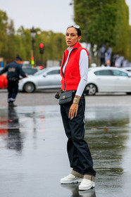 hera pradel, red jacket, chanel jacket, chanel bag, chanel belt, chanel earrings, chanel bracelet, nails details, nail art, blue jeans, denim, white top, fur jacket, sleeveless jacket, zipped jacket, quilted bag, quilted belt, black leather bag, black leather belt, belt bag, round shape bag, houndstooth printed bag, golden bracelet, big bangle, big bracelet, strassed bangle, strassed bracelet, turtleneck top, white sunglasses, mirror sunglasses, big sunglasses, futurist shape sunglasses, white boots, fur boots, flat boots, big sole boots, PARIS, PFW, SPRING SUMMER 2020, SS 20, fashion week, frenchystyle, FW, jonathan paciullo, street style, vertical, full length