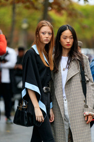 model, white t-shirt, white jeans, beige jacket, checked jacket, checked trench coat, chanel necklace, black cape, belted jacket, light blue jacket, black leather bag, fendi bag, black jeans, PARIS, PFW, SPRING SUMMER 2020, SS 20, fashion week, frenchystyle, FW, jonathan paciullo, street style, vertical, full length