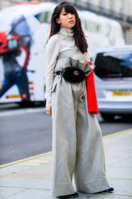 beige turtleneck, black bag, fanny pack, fashion week, frenchystyle, full length, FW, grey jumpsuit, gucci, jonathan paciullo, leather bag, LFW, LONDON, ruffles, SPRING SUMMER 2018, SS 18, street style, trousers, velvet, vertical