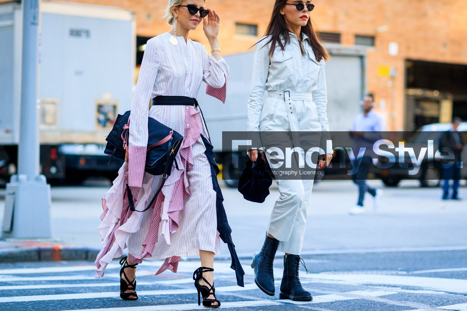 atmosphere details, black bag, black belt, black boots, black shoes, caro daur, detail, earrings, evangelie smyrniotaki, fashion week, frenchystyle, FW, high heels, horizontal, jonathan paciullo, leather bag, leather shoes, NEW YORK, NYFW, pink dress, ruffles, SPRING SUMMER 2018, SS 18, street style, striped dress, stripes, sunglasses, trousers, velvet, white jumpsuit