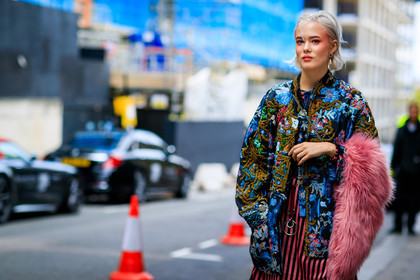 blue jacket, embroidered jacket, eyeshadow, graphic skirt, multicolor jacket, pink fur, pink skirt, printed skirt, striped skirt, fashion week, frenchystyle, FW, jonathan paciullo, street style, LFW, LONDON, SPRING SUMMER 2019, SS 19, atmosphere details, horizontal, detail