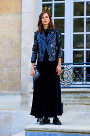 aymeline valade, black bag, black dress, black jacket, black perfecto, black shoes, fashion week, frenchystyle, full length, FW, graphic bag, jonathan paciullo, leather bag, leather jacket, leather perfecto, leather shoes, PARIS, PFW, printed bag, SPRING SUMMER 2018, SS 18, street style, velvet, vertical