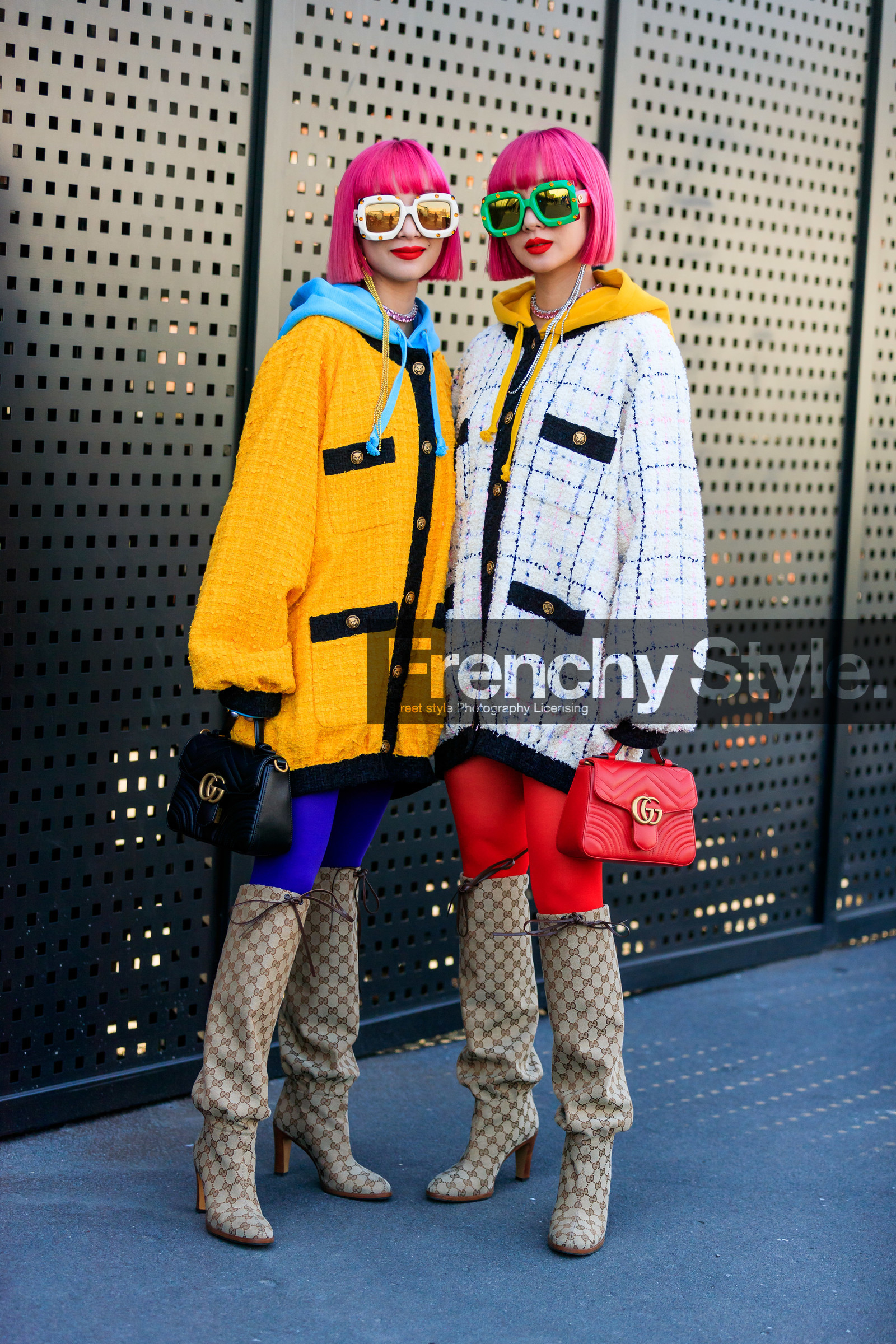 Ami and Aya Suzuki, beige boots, black bag, blue sweater, checked, dyed hair, graphic jacket, gucci, high boots, high heels, hoodie, leather bag, leather shoes, monogram, necklace, pink hair, plaid, printed jacket, red bag, sunglasses, tights, tweed jacket, white jacket, yellow jacket, fashion week, frenchystyle, FW, jonathan paciullo, street style, MFW, MILAN, AUTUMN WINTER 2019-2020, AW 19-20, FALL WINTER 2019-2020, FW 19-20, vertical, full length