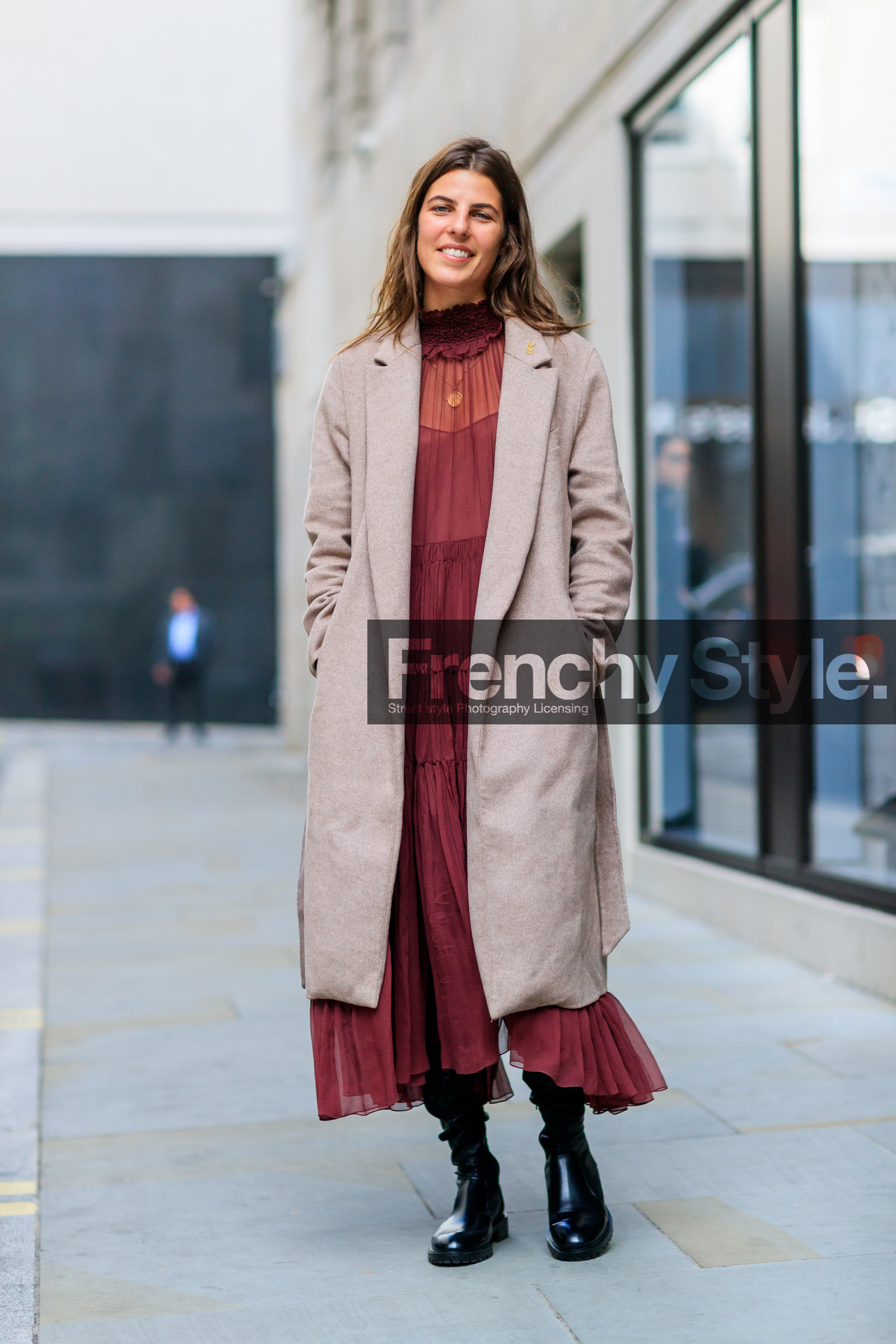 beige coat, black shoes, fashion week, frenchystyle, full length, FW, high boots, jonathan paciullo, leather shoes, LFW, LONDON, red dress, SPRING SUMMER 2018, SS 18, street style, vertical