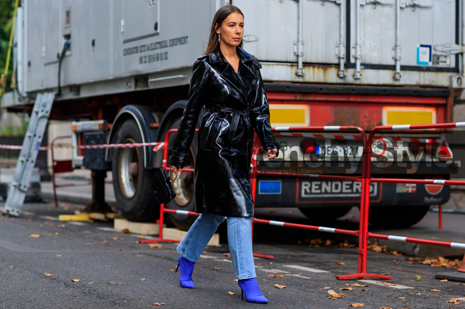 alice & j.s, atmosphere details, black bag, black jacket, blue boots, blue denim, denim pants, fashion week, frenchystyle, full length, FW, high heels, horizontal, jeans, jonathan paciullo, leather bag, leather coat, leather shoes, PARIS, PFW, SPRING SUMMER 2018, SS 18, street style, trench coat, trousers