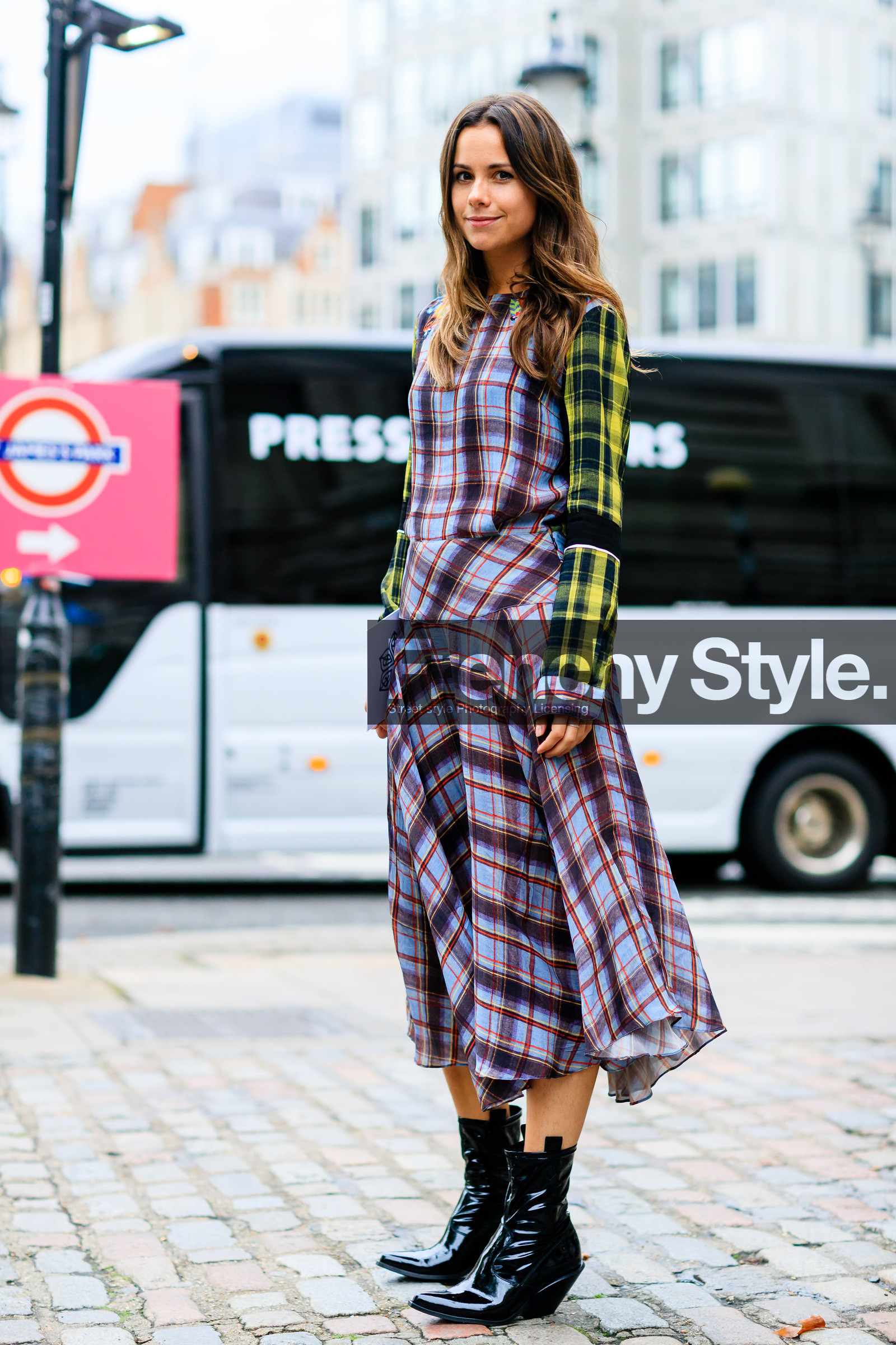 black boots, checked dress, fashion week, florrie thomas, frenchystyle, full length, FW, graphic dress, high heels, jonathan paciullo, leather boots, leather shoes, LFW, LONDON, plaid, printed dress, SPRING SUMMER 2017, SS 17, street style, striped dress, stripes, tartan, vertical, woman
