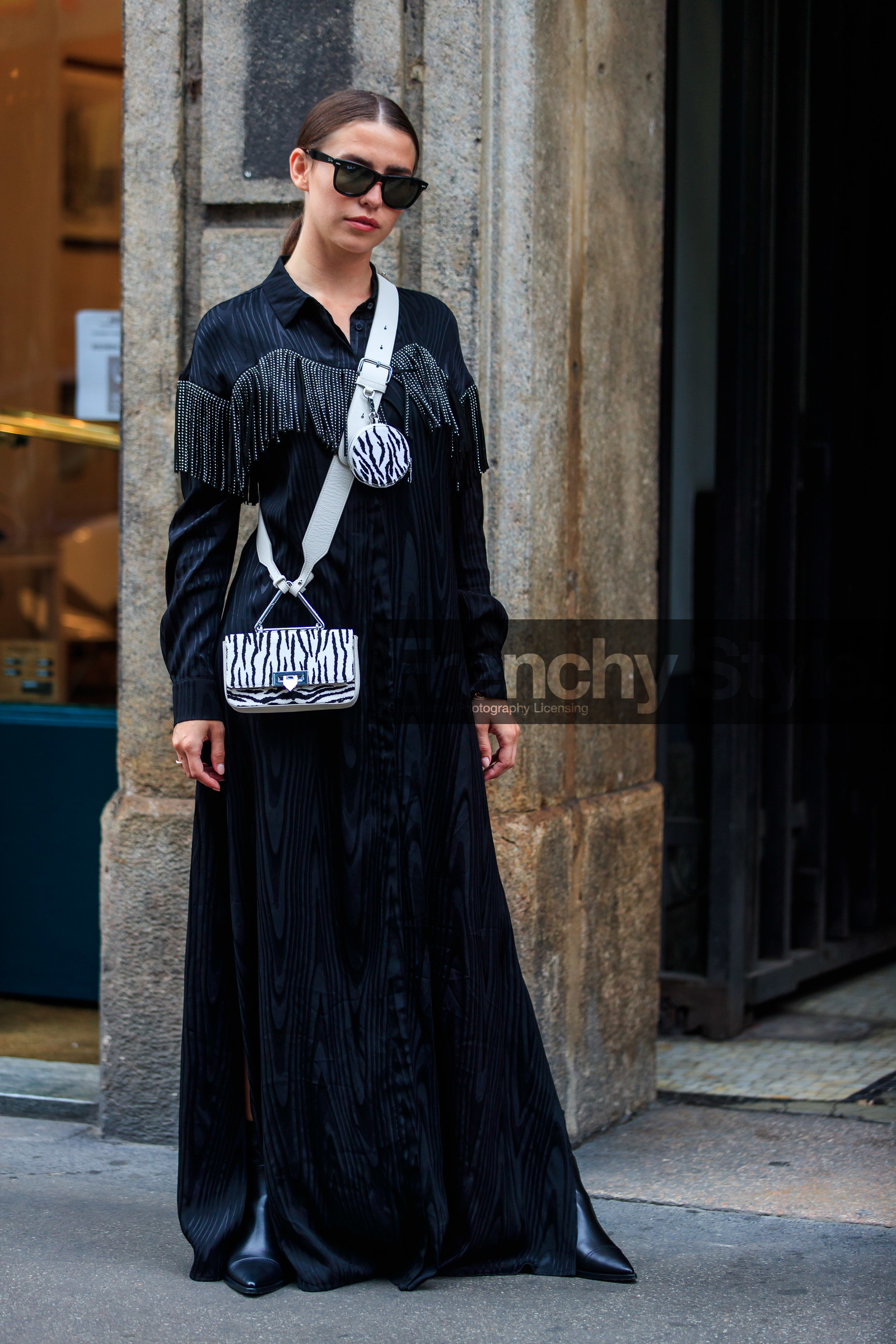 black dress, silk dress, jacquard dress, fringe dress, silvered dress, sequins dress, white leather bag, zebra printed bag, round shape bag, mini bag, STREET STYLE, strassed dress, paco rabanne dress, crossbody bag, long dress, oversize dress, dress shirt, rayban sunglasses, jonathan paciullo, FW, frenchystyle, fashion week, MFW, MILAN, SPRING SUMMER 2021, SS 21, vertical, full length