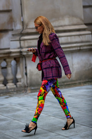 black shoes, blazer, checked, fanny pack, graphic jacket, high heels, leather shoes, multicolor leggings, plaid, printed jacket, purple jacket, red bag, sunglasses, street style, jonathan paciullo, FW, frenchystyle, fashion week, LFW, LONDON, AUTUMN WINTER 2019-2020, AW 19-20, FW 19-20, FALL WINTER 2019-2020, vertical, full length