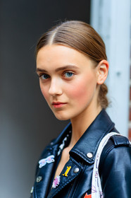 atmosphere details, black jacket, black perfecto, fashion week, frenchystyle, FW, jonathan paciullo, leather jacket, leather perfecto, model, natural, NEW YORK, NYFW, pins, portrait, pulled back hair, skincare, SPRING SUMMER 2017, SS 17, street style, vertical, woman
