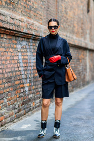 black and white shoes, black jacket, black shorts, black turtleneck, blazer, camel bag, leather bag, leather gloves, leather shoes, red gloves, red lips, sunglasses, fashion week, frenchystyle, FW, jonathan paciullo, street style, MFW, MILAN, AUTUMN WINTER 2018-2019, FALL WINTER 2018-2019, FW 18-19, vertical, full length, doina ciobanu