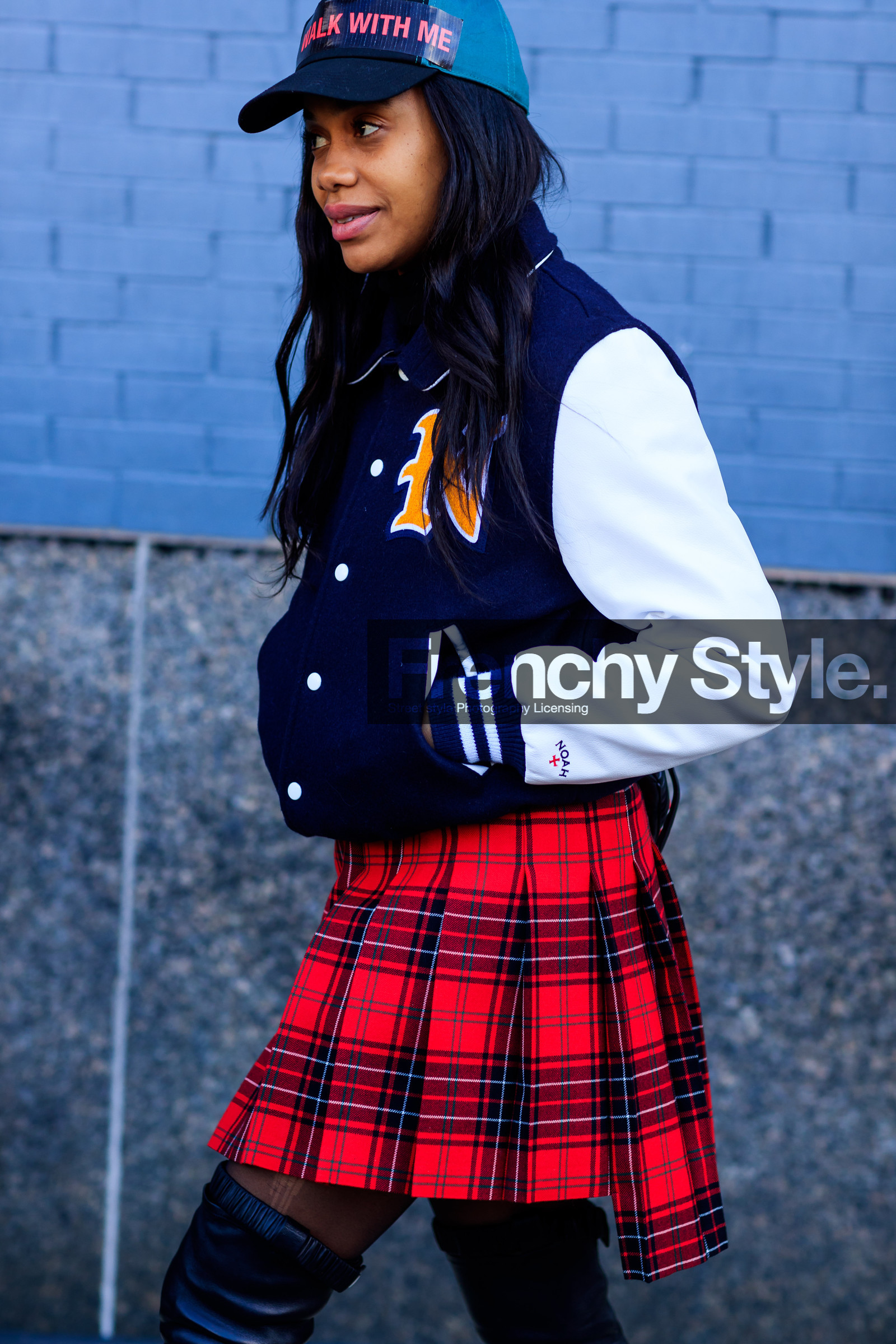 american, black cap, checked, fanny pack, graphic skirt, miu miu, plaid, pleated skirt, printed skirt, red bag, red skirt, tartan, teddy jacket, street style, jonathan paciullo, FW, frenchystyle, fashion week, NYFW, NEW YORK, AUTUMN WINTER 2018-2019, AW 18-19, FALL WINTER 2018-2019, FW 18-19, vertical, atmosphere details, detail, jan-michael quammie