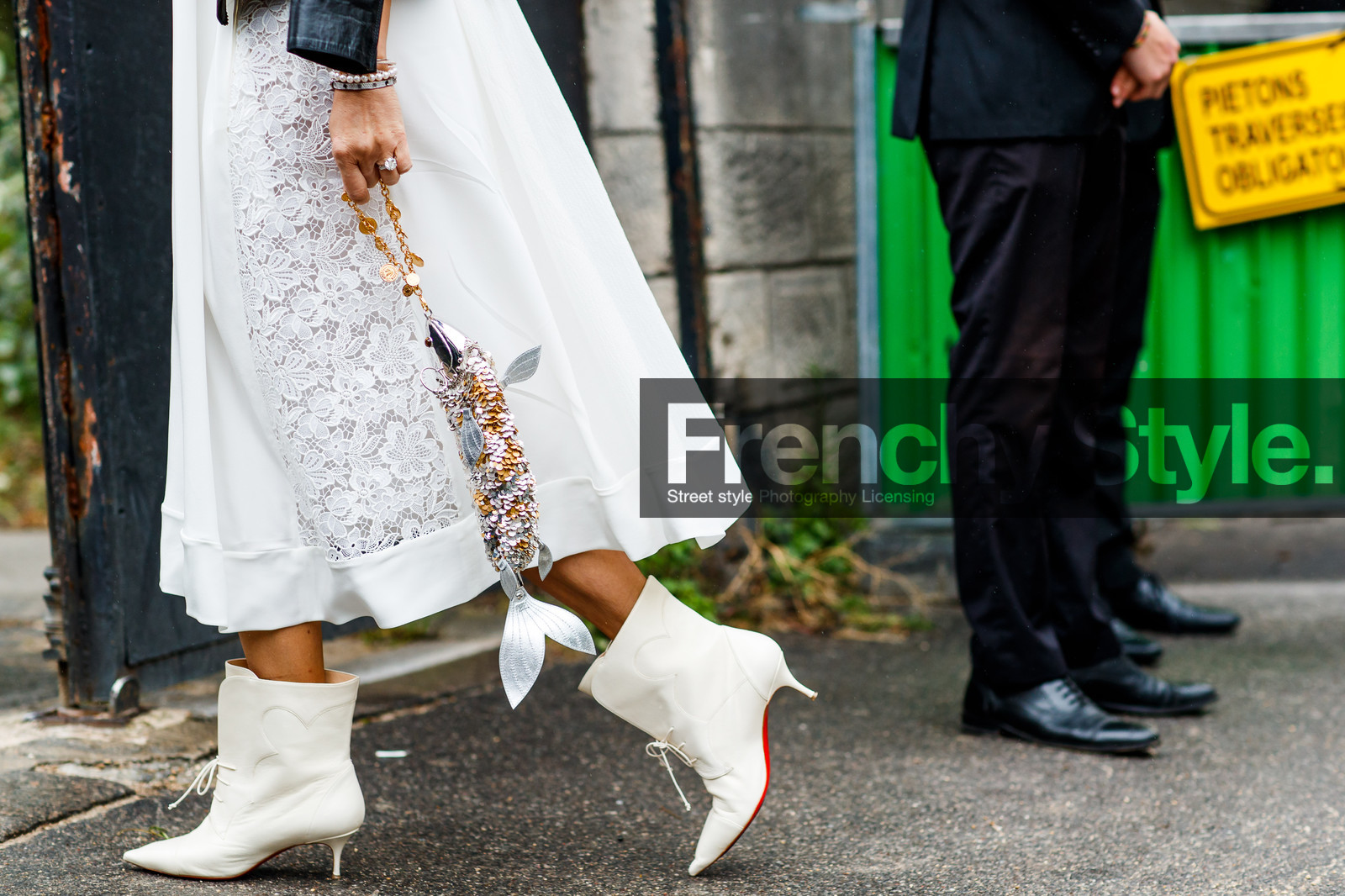 atmosphere details, AUTUMN WINTER 2016-2017, AW 16-17, detail, FALL WINTER 2016-2017, fashion week, frenchystyle, fun bag, FW, FW 16-17, glitter, gold, HAUTE COUTURE, horizontal, jonathan paciullo, lace dress, leather boots, MENSWEAR, PARIS, PFW, sequined bag, street style, white boots, white dress