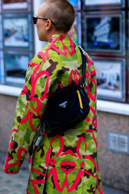 black bag, black skirt, floral, flowers, graphic jacket, graphic skirt, green jacket, leather bag, prada, printed jacket, printed skirt, shaved head, sunglasses, tights, fashion week, frenchystyle, FW, jonathan paciullo, street style, LFW, LONDON, SPRING SUMMER 2019, SS 19, vertical, detail, atmosphere details