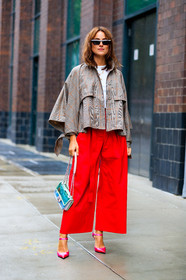 blue bag, brown jacket, chanel handbag, graphic jacket, high heels, leather bag, leather shoes, lena lademann, necklace, pink shoes, printed jacket, red pants, sunglasses, transparent bag, trousers, street style, jonathan paciullo, FW, frenchystyle, fashion week, NYFW, NEW YORK, SPRING SUMMER 2019, SS 19, vertical, full length