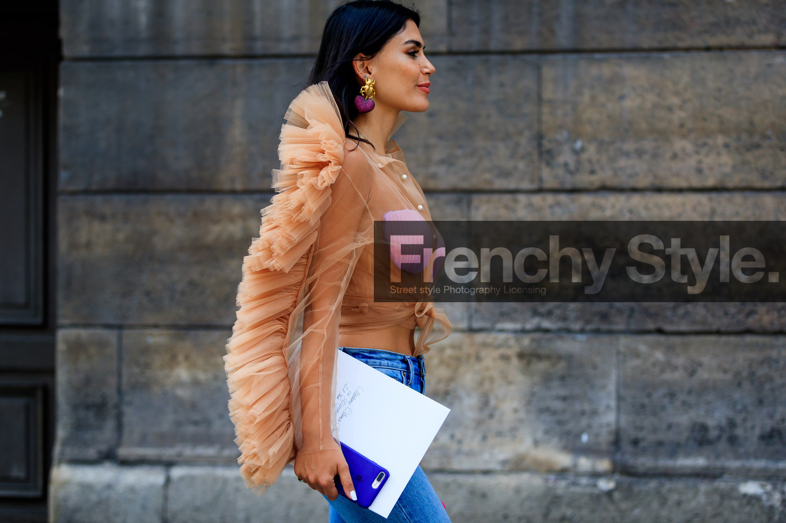 blue denim, denim pants, earrings, jeans, levis, maison martin margiela, nude top, ruffles, see through, trousers, tulle, PFW, fashion week, frenchystyle, FW, jonathan paciullo, street style, PARIS, horizontal, atmosphere details, detail, AUTUMN WINTER 2018-2019, FALL WINTER 2018-2019, FW 18-19