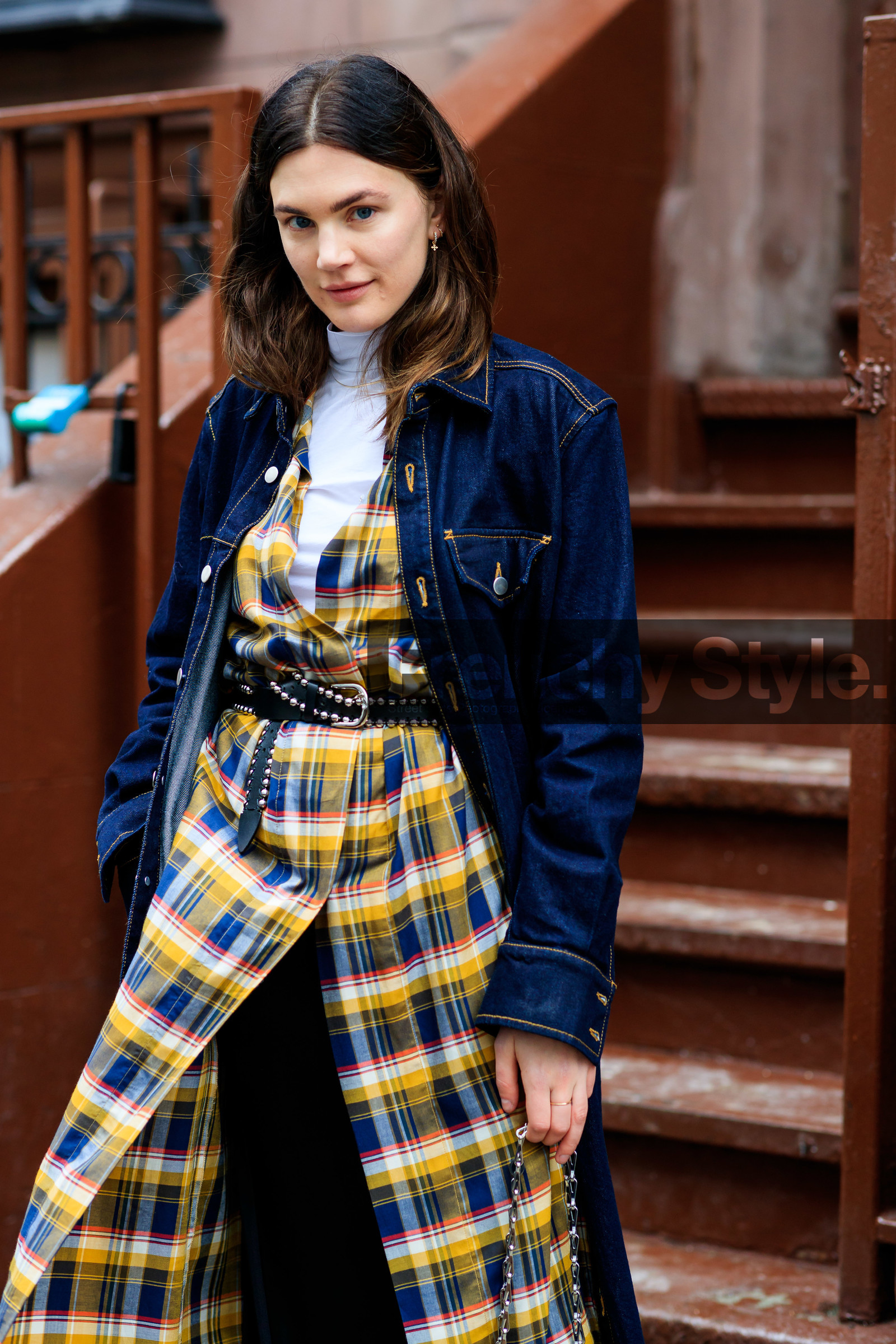 black belt, black leggings, blue denim, checked, denim coat, graphic dress, leather belt, madelynn furlong, plaid, printed dress, studs, tartan, turtleneck sweater, white sweater, yellow dress, frenchystyle, jonathan paciullo, street style, NYFW, NEW YORK, AUTUMN WINTER 2019-2020, AW 19-20, FALL WINTER 2019-2020, FW 19-20, fashion week, FW, vertical, atmosphere details, detail