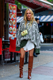 blanca miro scrimieri, jacquard pullover, kaki pullover, white pullover, oversize pullover, oversize sleeves, white shorts, crossbody bag, neon yellow bag, mini bag, yellow leather bag, high boots, animal skin boots, brown leather boots, j w anderson bag, fashion week, frenchystyle, FW, jonathan paciullo, street style, vertical, full length