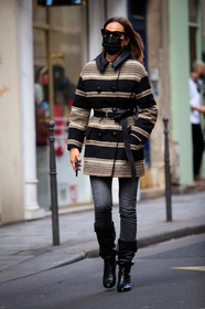 brune de margerie, striped coat, beige coat, black coat, black leather coat, black leather boots, black leather belt, belted coat, grey jeans, isabel marant coat, black sunglasses, celine sunglasses, covid face mask, PARIS, PFW, fashion week, frenchystyle, FW, jonathan paciullo, street style, SPRING SUMMER 2021, SS 21, vertical, full length