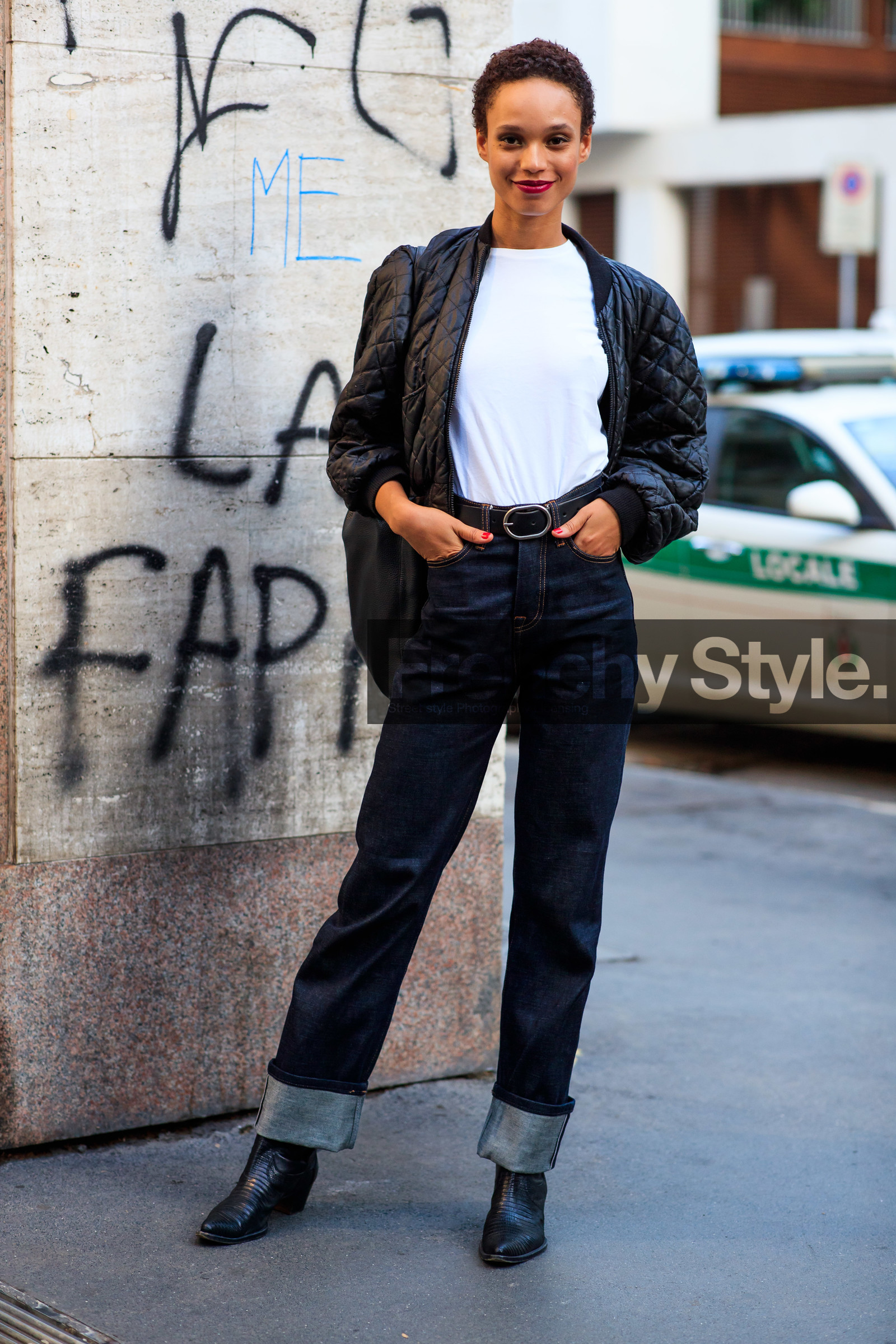 satin bombers, quilted bombers, dark blue jeans, white t-shirt, black leather boots, cowboy boots, street style, jonathan paciullo, FW, frenchystyle, fashion week, MFW, MILAN, SPRING SUMMER 2021, SS 21, vertical, full length, model