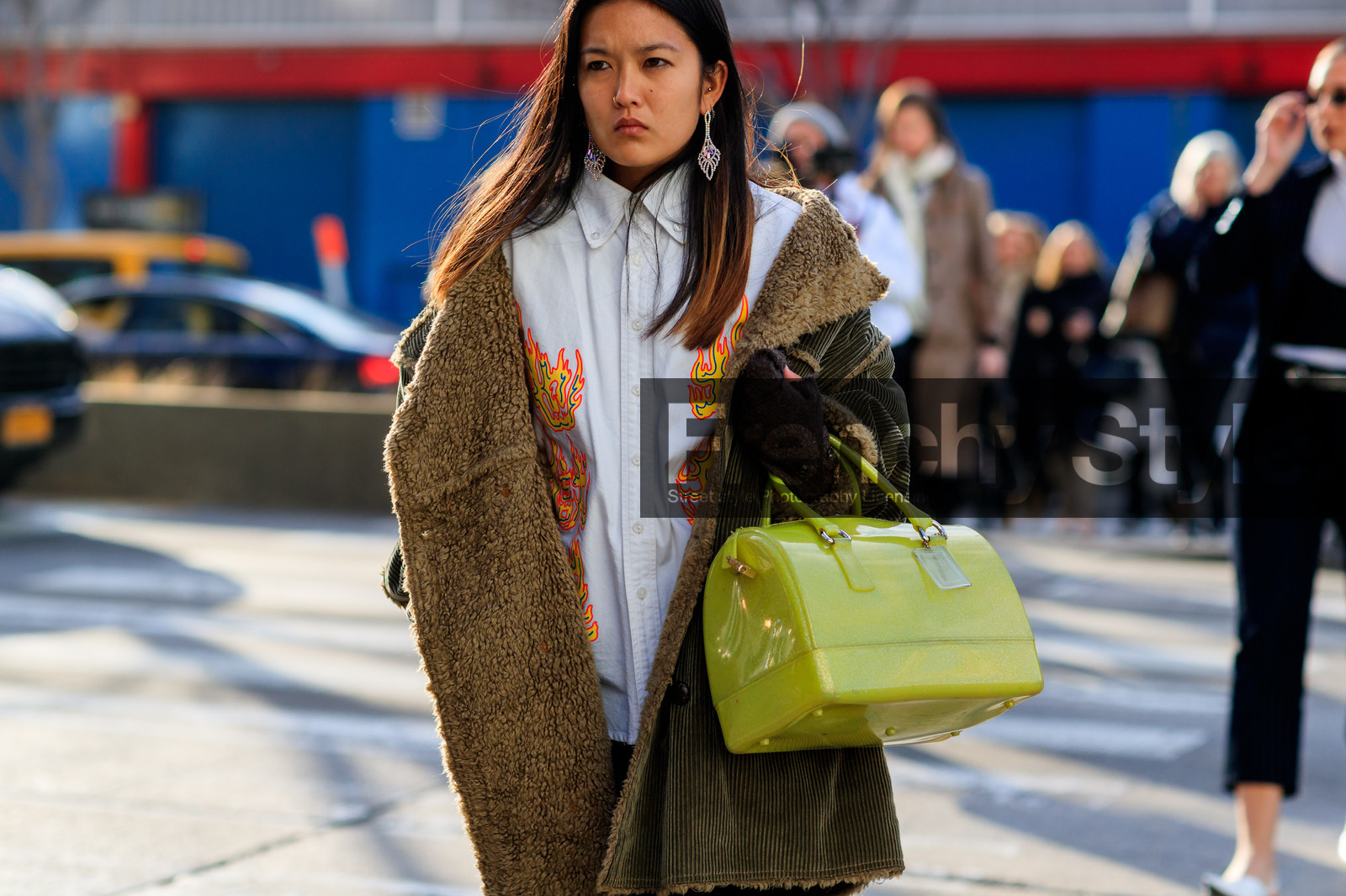 corduroy, earrings, embroidered shirt, green bag, green jacket, leather bag, off the shoulder, shearling, white shirt, street style, jonathan paciullo, FW, frenchystyle, fashion week, NYFW, NEW YORK, AUTUMN WINTER 2018-2019, AW 18-19, FALL WINTER 2018-2019, FW 18-19, atmosphere details, horizontal, detail