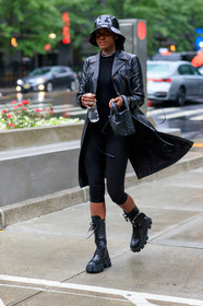 black bag, black coat, black hat, black leggings, black shoes, black sweater, bucket hat, choker, leather bag, leather coat, leather shoes, necklace, prada, tone on tone, total look black, trousers, vinyl, fashion week, frenchystyle, FW, jonathan paciullo, street style, NEW YORK, NYFW, SPRING SUMMER 2020, SS 20, vertical, full length