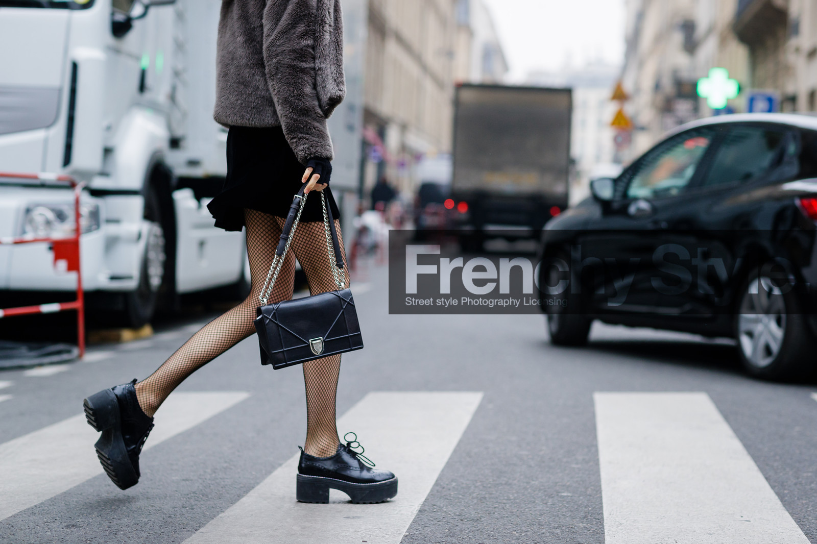 black bag, black shoes, black skirt, brown fur, brown jacket, christian dior, fishnet, fur jacket, leather bag, leather shoes, mini skirt, tights, fashion week, frenchystyle, FW, jonathan paciullo, street style, PFW, PARIS, SPRING SUMMER 2017, SS 17, HAUTE COUTURE, atmosphere details, detail, horizontal, marjan jonkman, model