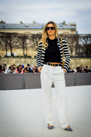 dior logo belt, striped cardigan, black sunglasses, black cropped top, knitwear, white pants, silver stilletos, handbag, dior, adenorah, anne laure mais, fashion week, frenchystyle, FW, jonathan paciullo, street style, AUTUMN WINTER 2022-2023, FALL WINTER 2022_2023, FW 22-23, PFW, PARIS, vertical, full length
