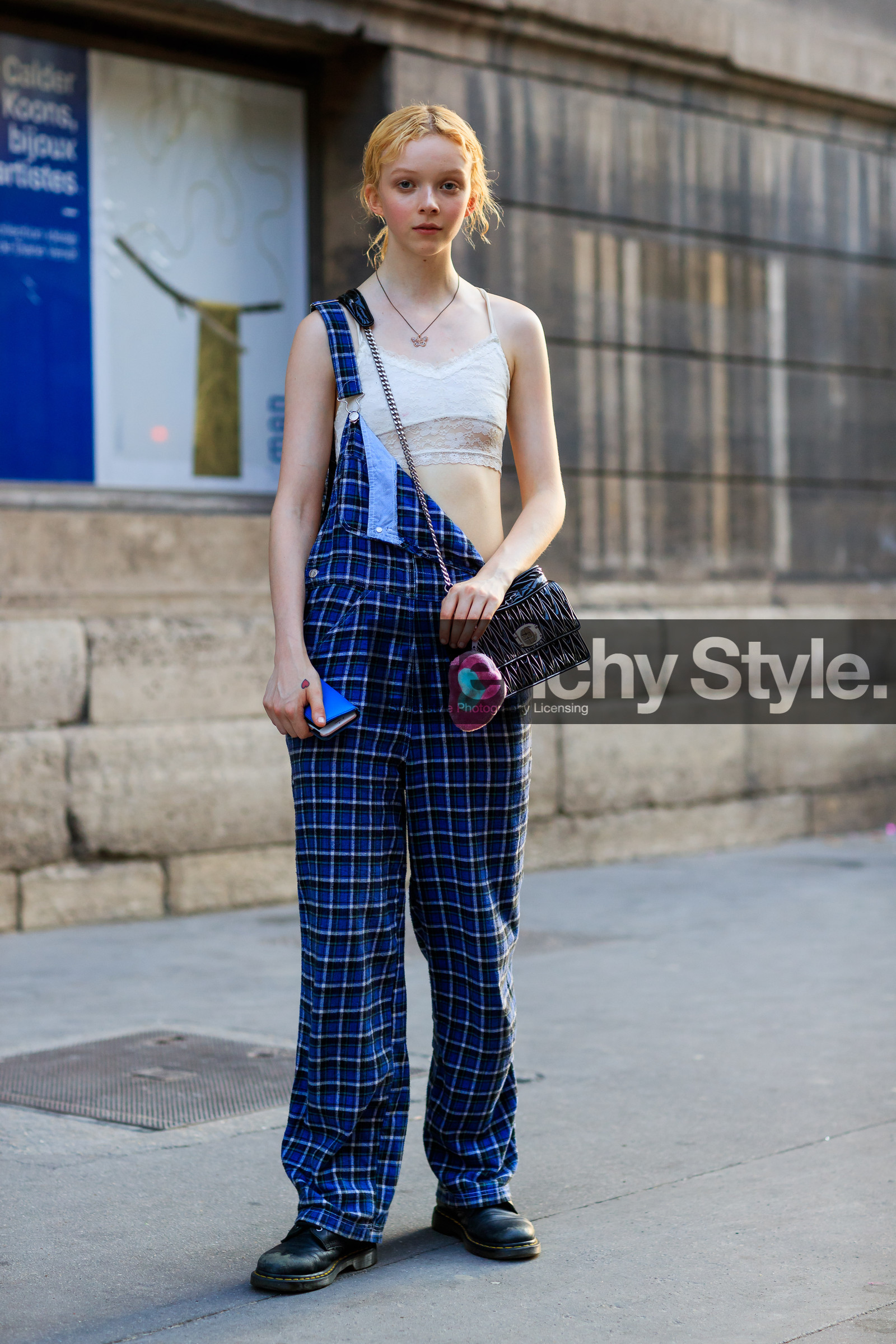 black bag, black shoes, blue overall, checked, crop top, graphic pants, leather bag, leather shoes, miu miu, necklace, plaid, printed overall, printed pants, trousers, white top, fashion week, frenchystyle, FW, jonathan paciullo, street style, PFW, PARIS, vertical, full length, model, AUTUMN WINTER 2018-2019, FALL WINTER 2018-2019, FW 18-19