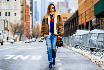 atmosphere details, AUTUMN WINTER 2017-2018, AW 17-18, beige fur, black bag, blue denim, blue shoes, blue sweater, brown jacket, Clara Racz, denim pants, FALL WINTER 2017-2018, fashion week, frenchystyle, full length, FW, FW 17-18, horizontal, jeans, jonathan paciullo, leather bag, leather jacket, leather shoes, NEW YORK, NYFW, printed sweater, ripped pants, shearling, street style, sunglasses, trousers