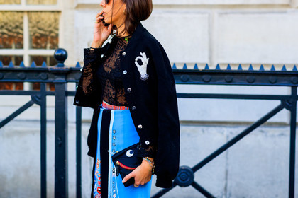 black bag, black jacket, black top, blue skirt, graphic bag, graphic jacket, graphic skirt, lace top, leather bag, over the shoulder, printed bag, printed jacket, printed skirt, see through, sunglasses, teddy jacket, fashion week, frenchystyle, FW, jonathan paciullo, street style, LFW, LONDON, SPRING SUMMER 2019, SS 19, atmosphere details, horizontal, detail