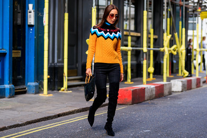 black bag, black denim, black shoes, denim pants, fendi, geraldine boublil, high boots, high heels, jeans, leather bag, leather shoes, orange sweater, sunglasses, trousers, fashion week, frenchystyle, FW, jonathan paciullo, street style, LFW, LONDON, SPRING SUMMER 2019, SS 19, atmosphere details, horizontal, full length