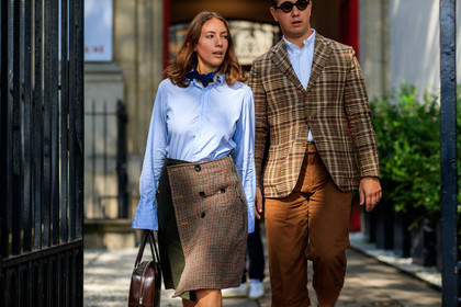 atmosphere details, blazer, blue scarf, blue shirt, brown bag, brown jacket, brown pants, brown skirt, checked jacket, detail, fashion week, frenchystyle, FW, graphic jacket, horizontal, jonathan paciullo, leather bag, PARIS, PFW, plaid, printed jacket, SPRING SUMMER 2018, SS 18, street style, sunglasses, trousers, white shirt