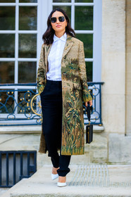 beige coat, black bag, black pants, embroidered coat, fashion week, floral, flowers, frenchystyle, full length, FW, graphic jacket, high heels, jonathan paciullo, leather bag, leather shoes, nicole warne, PARIS, PFW, printed jacket, SPRING SUMMER 2018, SS 18, street style, sunglasses, trousers, vertical, white shirt, white shoes